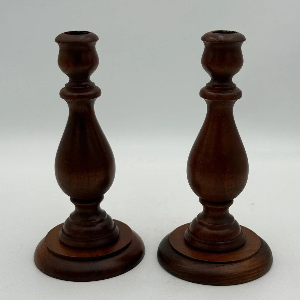 Vtg Pair Turned Wood Candlesticks Dark Walnut Finish Taper Candle Holders 7.5